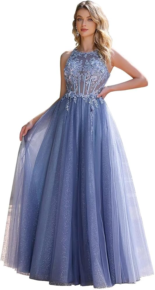 Fatapaese Women's Elegant Tulle Prom Dresses with Lace Applique A-line Crewneck Built-in Bra Sleeveless Zipper Gown Dress Blue : Amazon.co.uk: Fashion Fatapaese Women's Elegant Tulle Prom Dresses with Lace Applique A-line Crewneck Built-in Bra Sleeveless Zipper Gown Dress Blue : Amazon.co.uk: Fashion