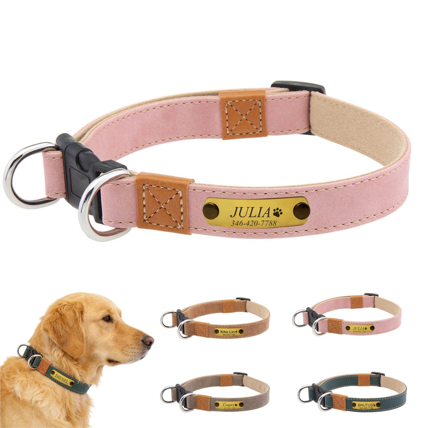 Leather Dog Collar Personalized with Engraved Nameplate, Adjustable PU Pet Collar with Name & Phone, Anti-Pull Buckle, Custom Paw Heart Bone Design for Small Medium Medium-Large Dogs
