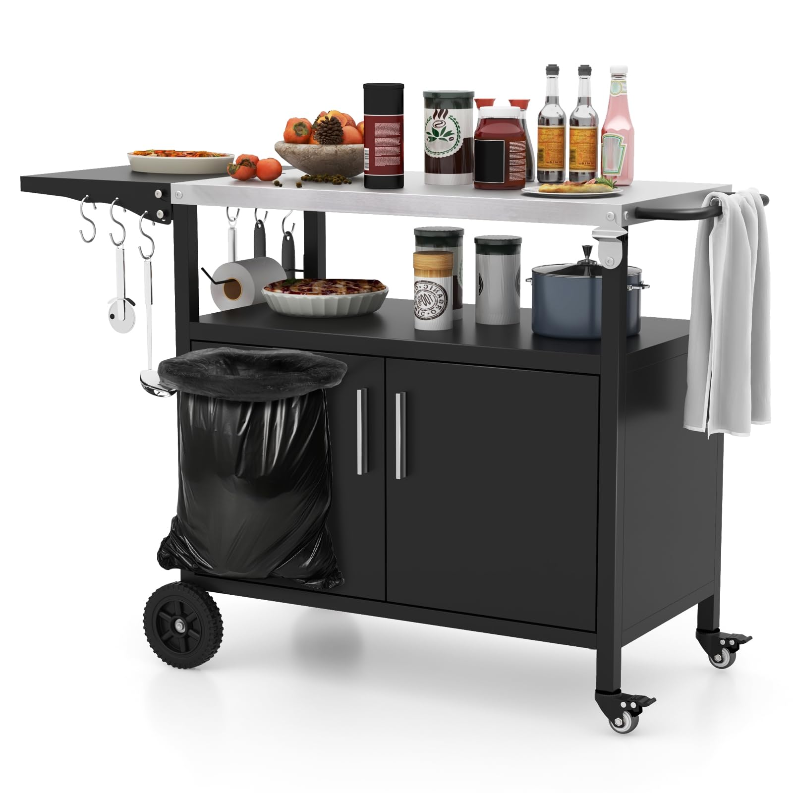 GIANTEX Carrito de barbacoa para exteriores, mesa de barbacoa con encimera de acero inoxidable y mesa lateral plegable, carrito de cocina con ruedas, mesa auxiliar con soporte para bolsa de basura
