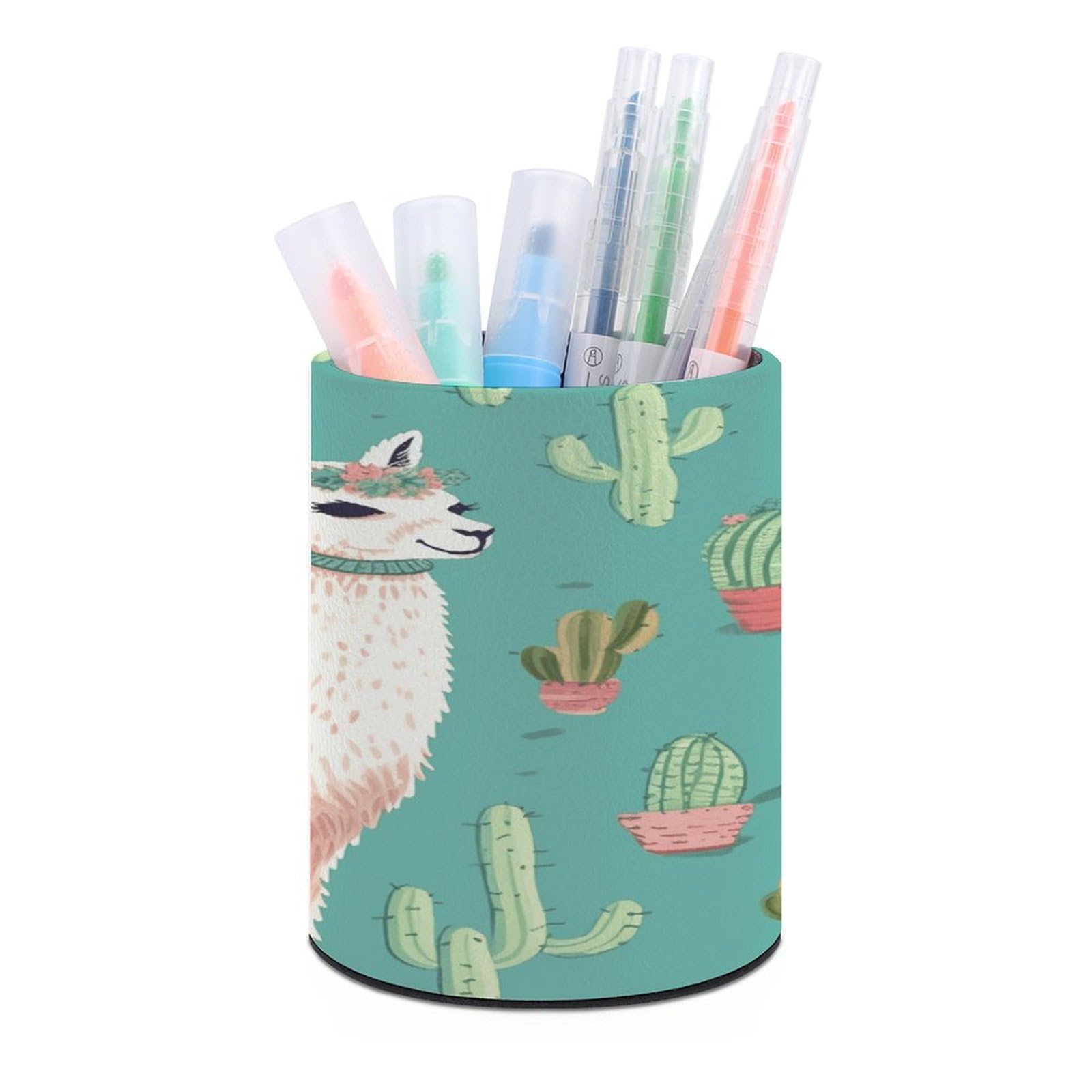 VstaDank Alpaca Cactus Pen Holder Round Pencil Holder Cup Pen Container PU Leather Desk Organizer Stand Decorative Brush Scissor Holder Decoration Office Desk Home (3.1 x 3.9 inch)