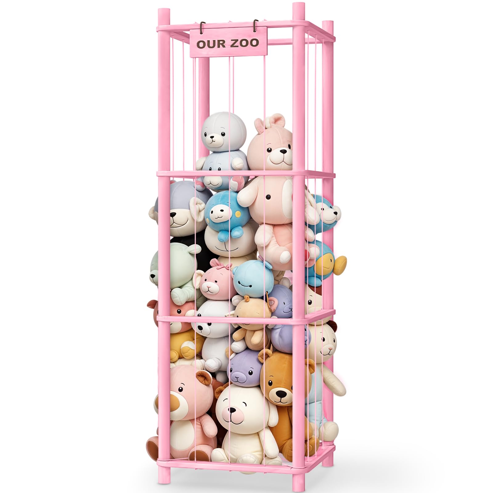 Woodure Stuffed Animal Storage &amp; Organizer, Wooden Cute Zoo Toy Holder for Toddler Rooms, Playrooms &amp; Bedrooms（Pink）
