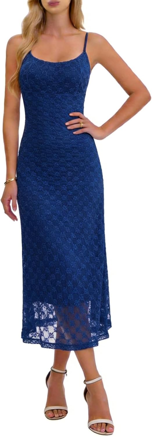 Women's Summer Sleeveless 2026 Spaghetti Strap Mesh Knee Length Dress Square Neck Elegant Midi Dress