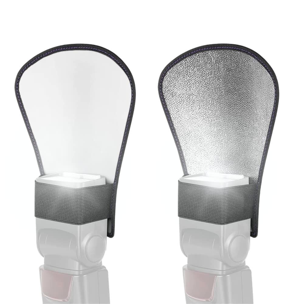 MAKINGTEC Flash Diffuser, 2 Pack with Elastic Band 2-side White/Silver Curved Flash Reflector SLR External Flash Baffle Soft Cover Suitable for All External Flashes