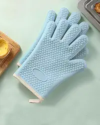 2 luvas de forno de silicone resistentes ao calor – Luvas de grelha de camada dupla com 5 dedos, luvas de forno de cozinha impermeáveis e antiderrapantes para cozinhar, assar, churrasco (azul)