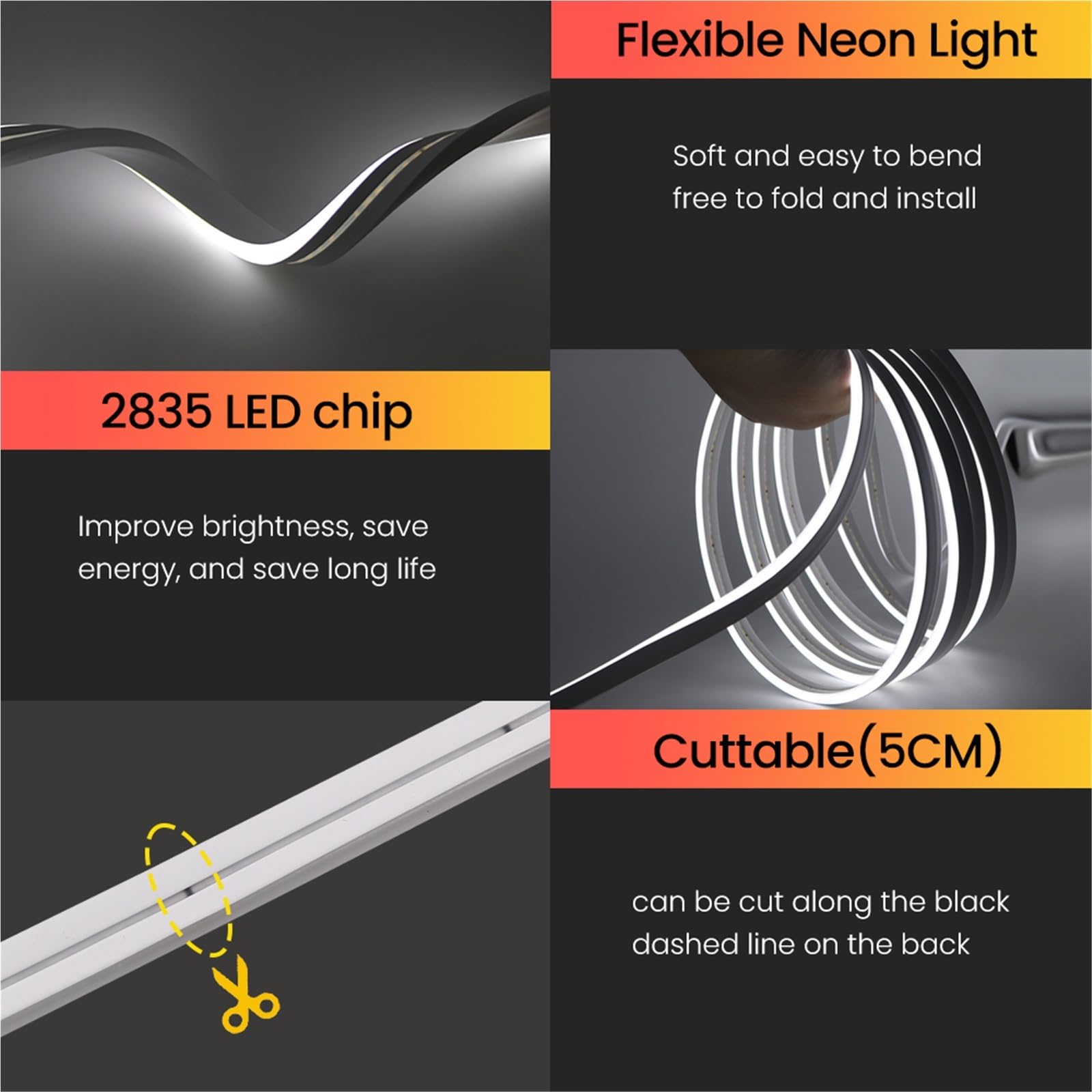 Tira de neón DC 24 V 0,5-20 m, impermeable IP67, multicolor, retroiluminación de TV, manguera de silicona flexible para el hogar (blanco, 9 m)