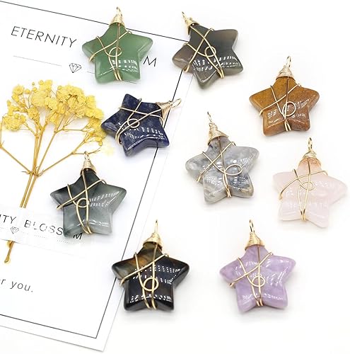 Miniatura 8 de QSLLER 5 piezas de piedra natural colgante de estrella hecho a mano de cobre enrollado amatista ágata ojo de tigre curativo piedra de cristal