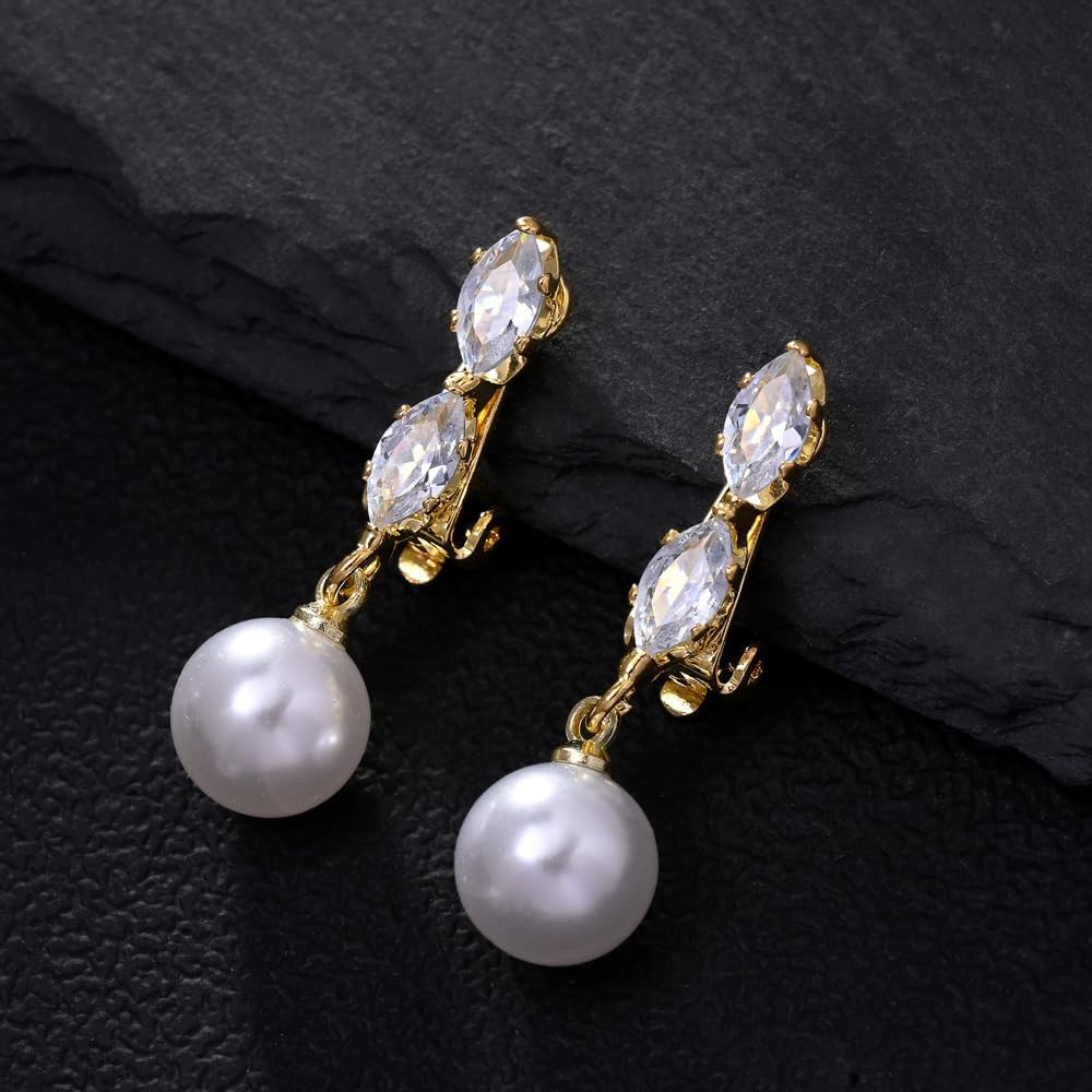 Pearl Cluster Clip on Earrings, Non Pierced Pearls Jewelry Elegant Teardrop Cubic Zirconia Cluster Earrings For Women Wedding Jewelry Bridesmaid Gift Hypoallergenic - Image 4
