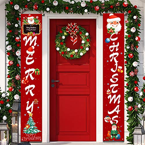 YUFOL Christmas Door Decorations | Merry Christmas Banner Signs,Hanging Christmas Door Decorations for Home Outdoor Front Door Wall Party Dark Red Xmas Decor-Christmas Flags for Inside