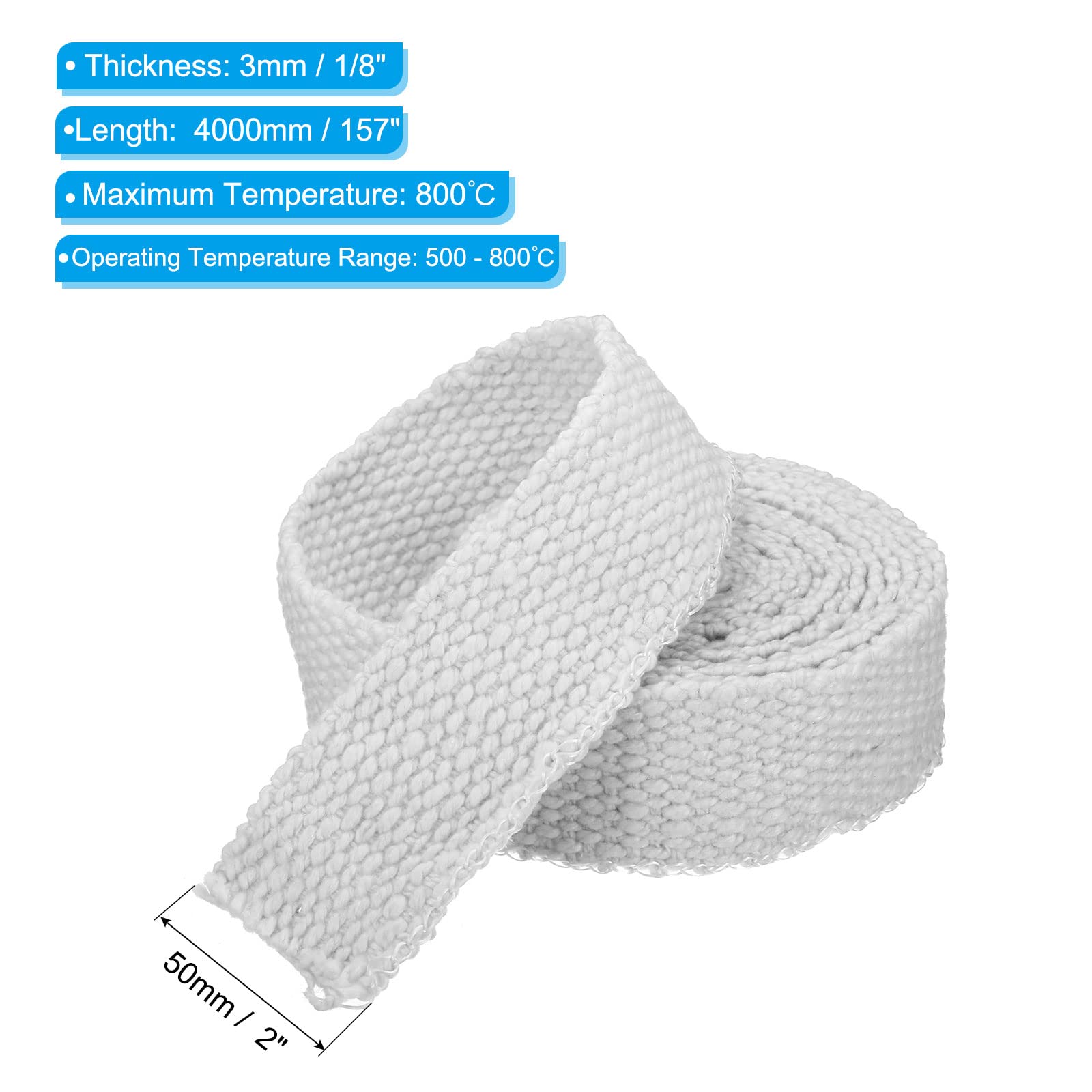 Guarnizione per stufa a legna in fibra di ceramica ad alta temperatura, corda di tenuta durevole per porte del camino, temperatura massima 800 ℃ (5,1 x 0,3 x 398,8 cm)