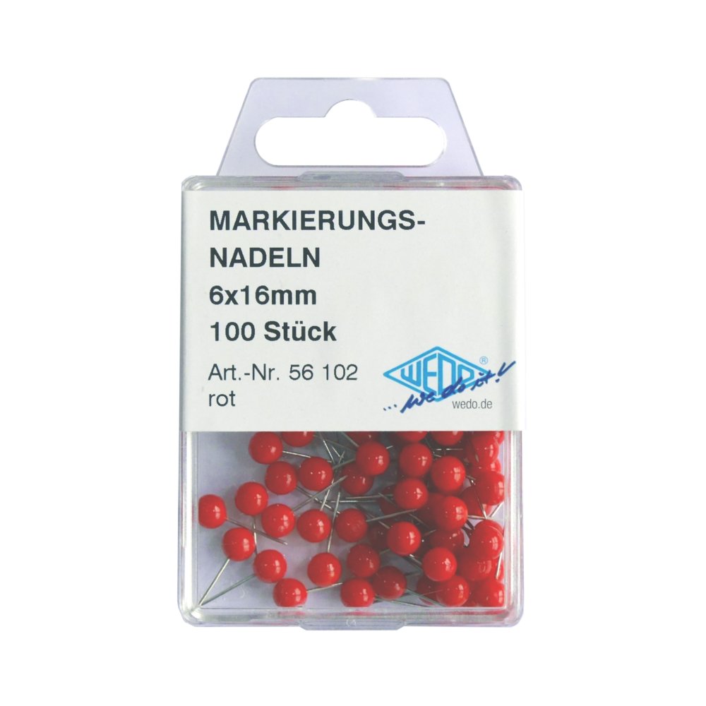 Wedo 56100 igła do oznaczania (okrągłe igły główkowe, długość igły 16 mm, średnica główki 6 mm) 100 sztuk czerwona