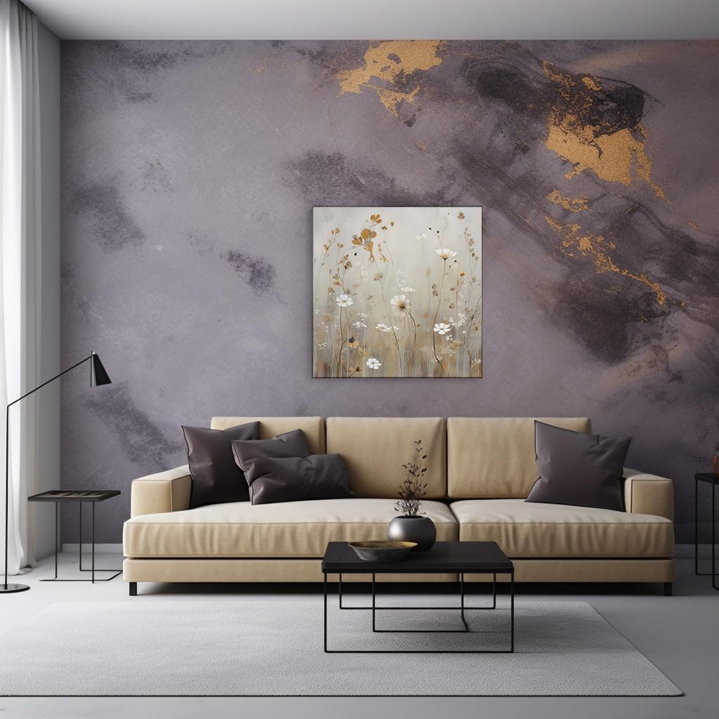 Canvas for Living room. Whispers of Tranquility: Wildflowers in a Dreamy Beige Expanse, 27 x 18 inch Canvas Wall Art - Contemporary Masterpieces - Botanical Home Decor - 69x46 cm (27x18 inch)