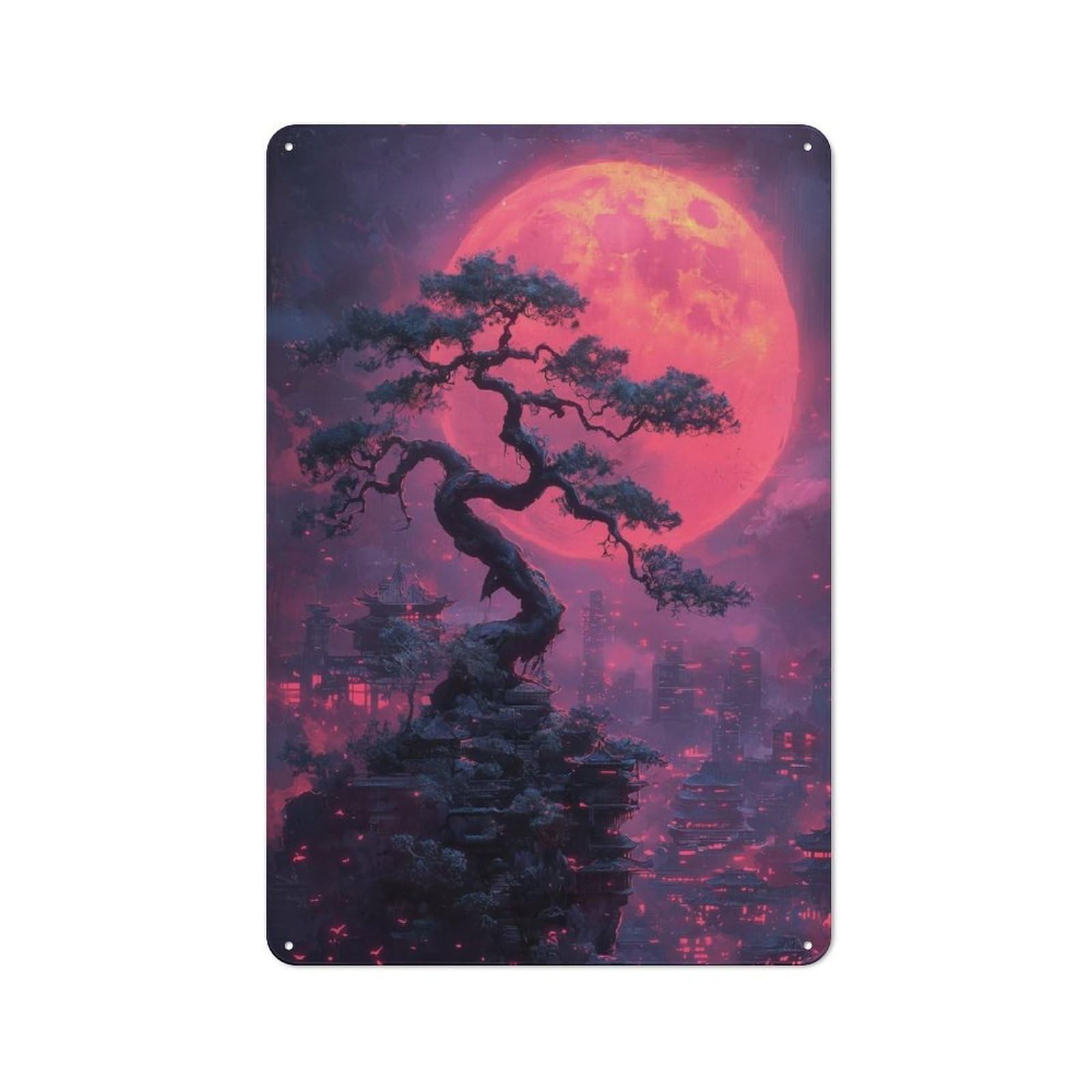 Red Moon Bonsai Cityscape Rustic Metal Wall Decor 30x20cm, Garden Room Metal Sign for Patio Bar, Workshop, Shed Or Kitchen