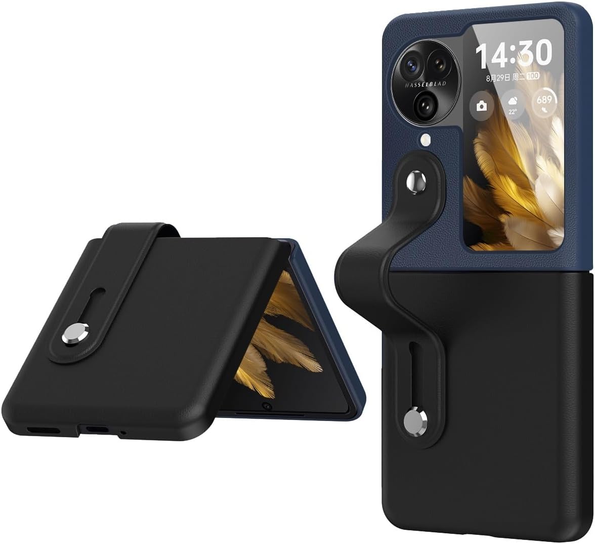 Leather Case Compatible with Oppo Find N3 Flip,Find N3 Flip Case with Retractable Finger Strap Handheld Design Ultra Thin PC Shockproof Stand Case Cover, Full Body Protective Phone Case（Black+Blue ）