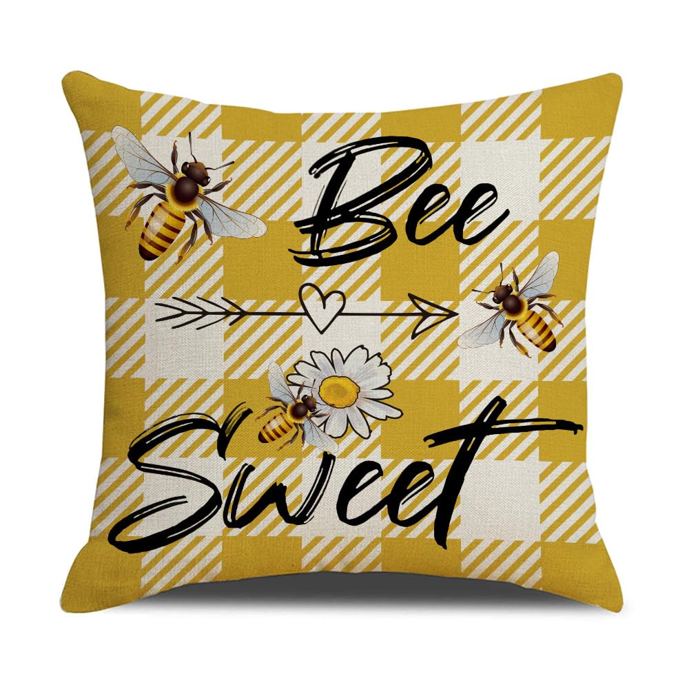 TyCan Set of 2 Farmhouse Bee Decorative Throw Pillow Covers, Yellow Buffalo Plaid Bee Sweet Farm Fresh Honey Cushion Covers 18x18 Inches