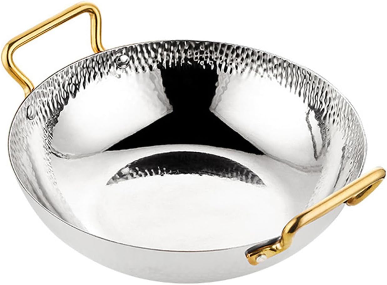 SVRITE 10"/11"/12" Spanish Paella Pan 304 Stainless Steel Sauté Frying Pot with Gold-Plated Handles Serving Platter Seafood Dishes, for All Kinds of Stoves Homes or Restaurants (28cm,Silver)