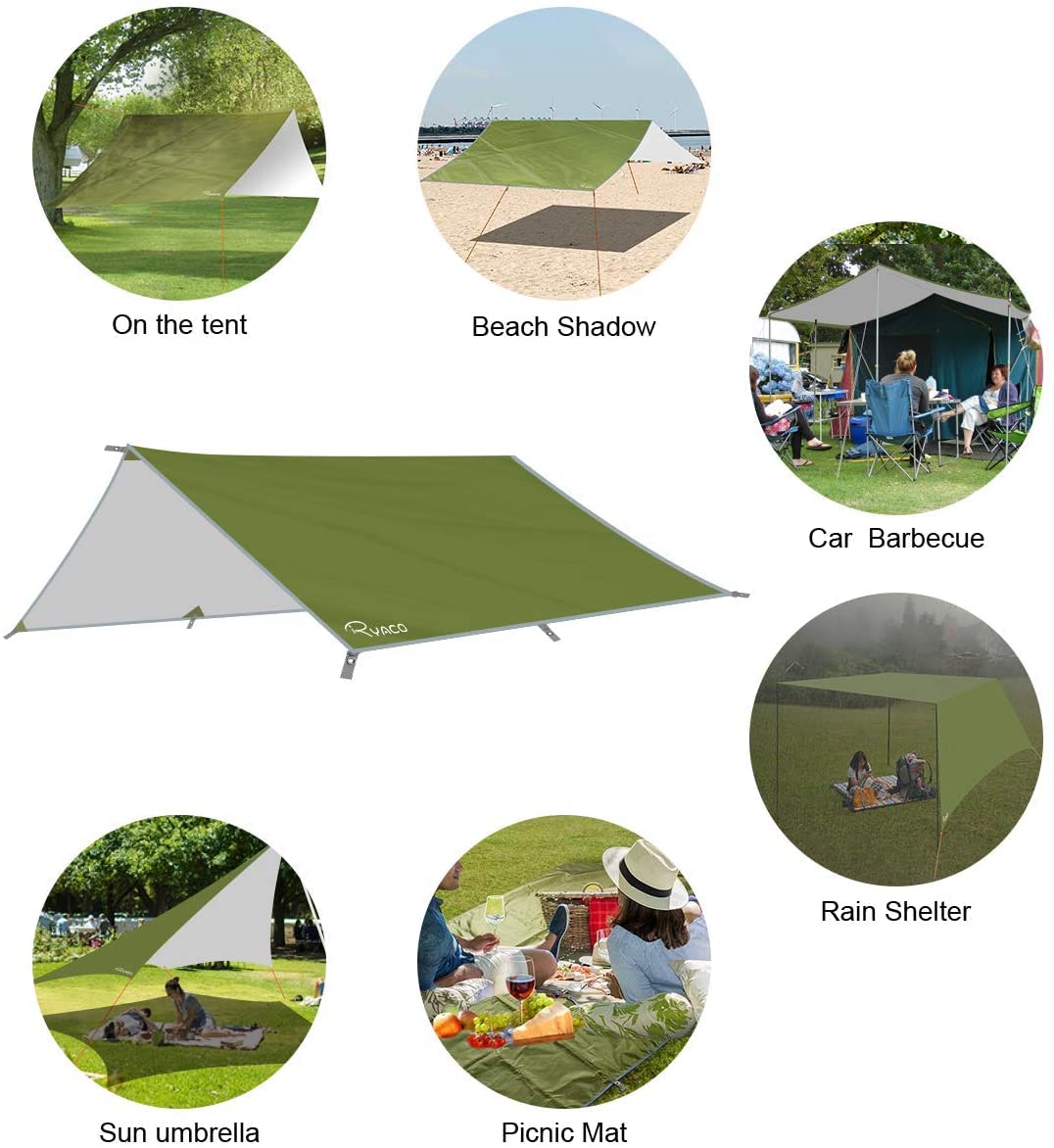 Toit de tente de camping - 3 x 3 m - Avec barre de support, piquets et cordon en nylon (vert herbe)