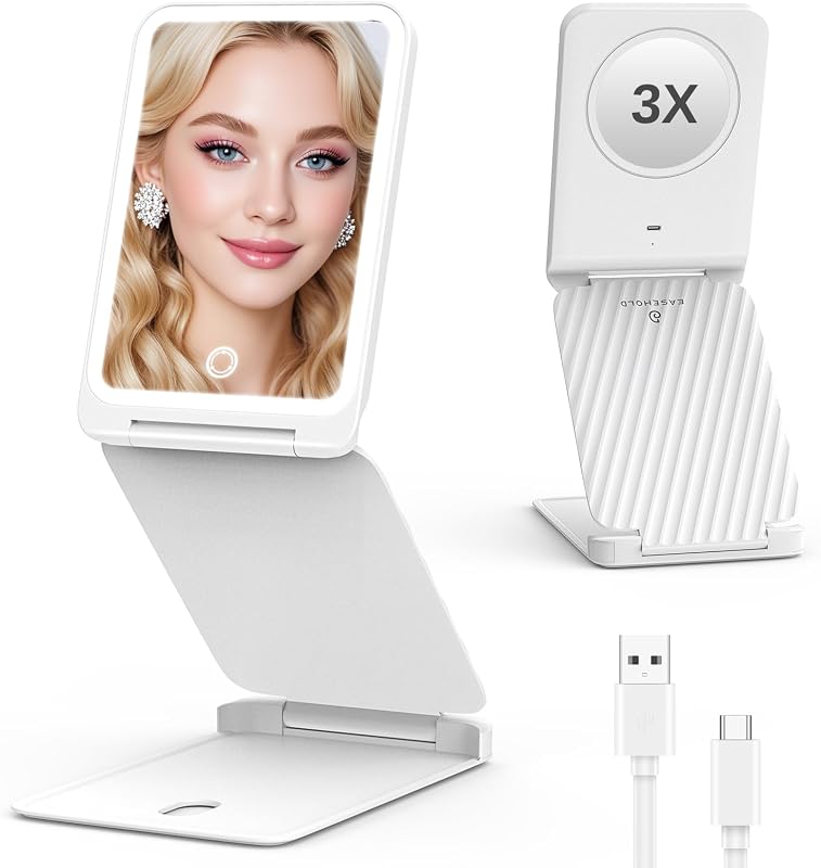 Espelho de maquiagem para viagem EASEHOLD com iluminação LED, ampliação 1X/3X