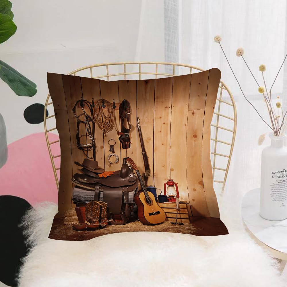 HYOSXW Cushion Cover,Throw Pillow Case Home Decorative for Living Room Bedroom Sofa Chair 16X16 Inch,American country style cowboy guitar style bootsSalon dorm room,Pillowcase 40X40cm
