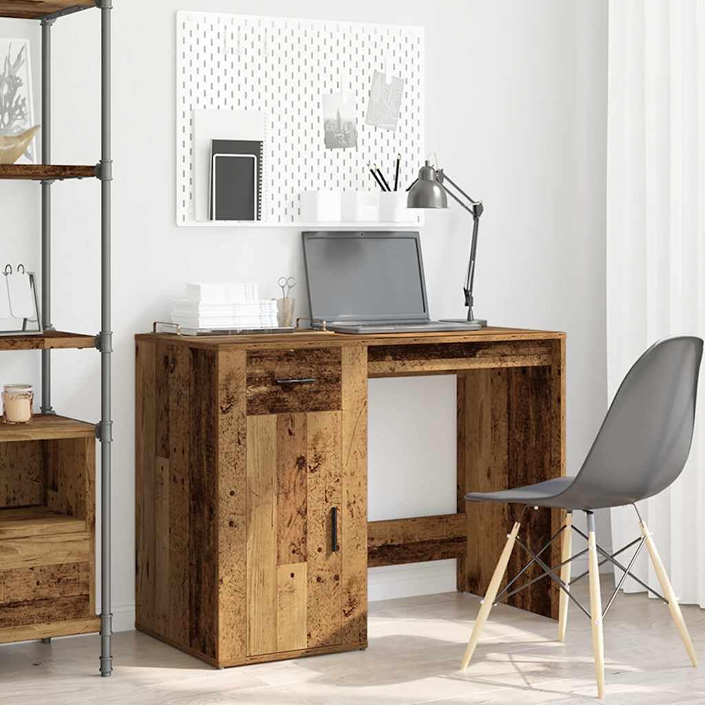 Escritorio de madera recuperada 100 x 49 x 75 cm con cajón, espacio de almacenamiento, estante para oficina, oficina en casa, ordenador y PC, ahorra espacio, ergonómico, para trabajo y