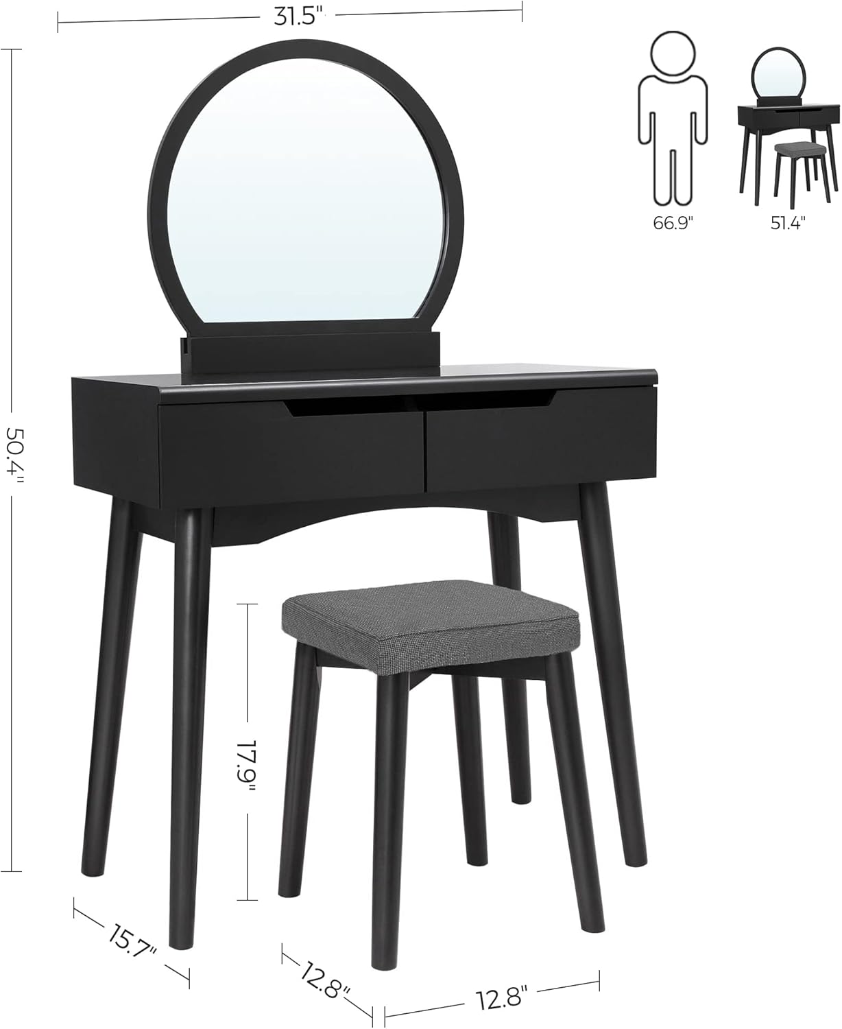 Buy VASAGLE Vanity Table, Makeup Vanity Desk with Rounded Mirror, 2