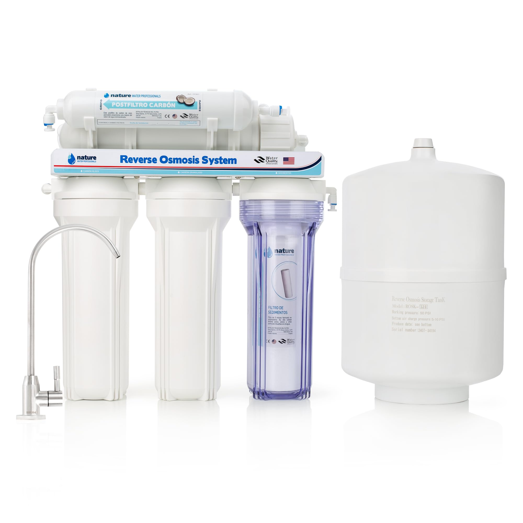 NATURE WATER PROFESSIONALS Équipement d'osmose inverse - Kit d'osmose à 5 étapes - Capacité de 6 L - Comprend membrane 75GPD, réservoir d'eau et filtres