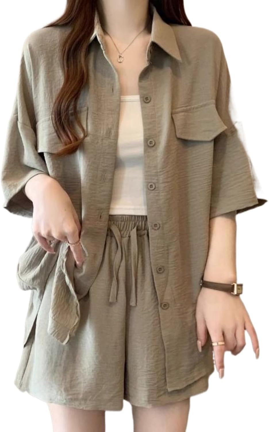 Women's Summer Short Sleeve Button Up Shirt and Wide Leg Shorts Set Plus Size Loose