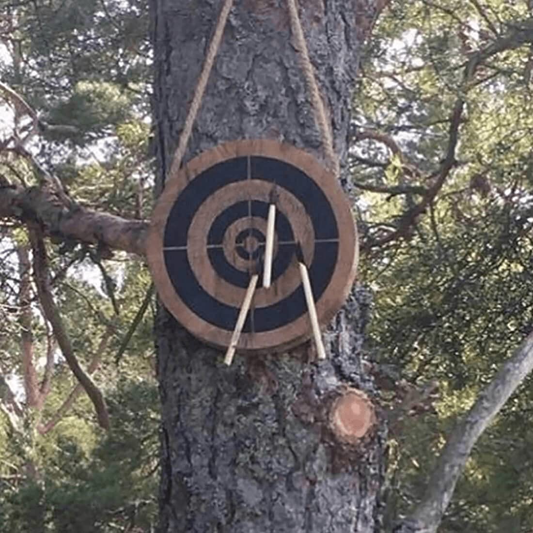 Set di gioco con ascia e frisbee in legno e 3 piccole botte, giocattolo per freccette e ascia frisbee, gioco per gioco per interni ed esterni, interessante gioco emozionante
