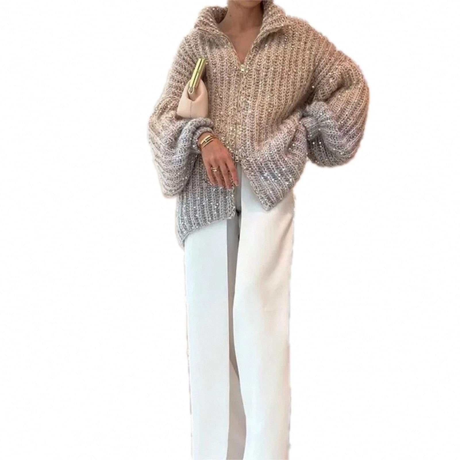 Women Stand Collar Gradient Color with Sparkling Sequin Zipper Cardigan Sweater Lantern Sleeve Loose Knit Elegant Outwear