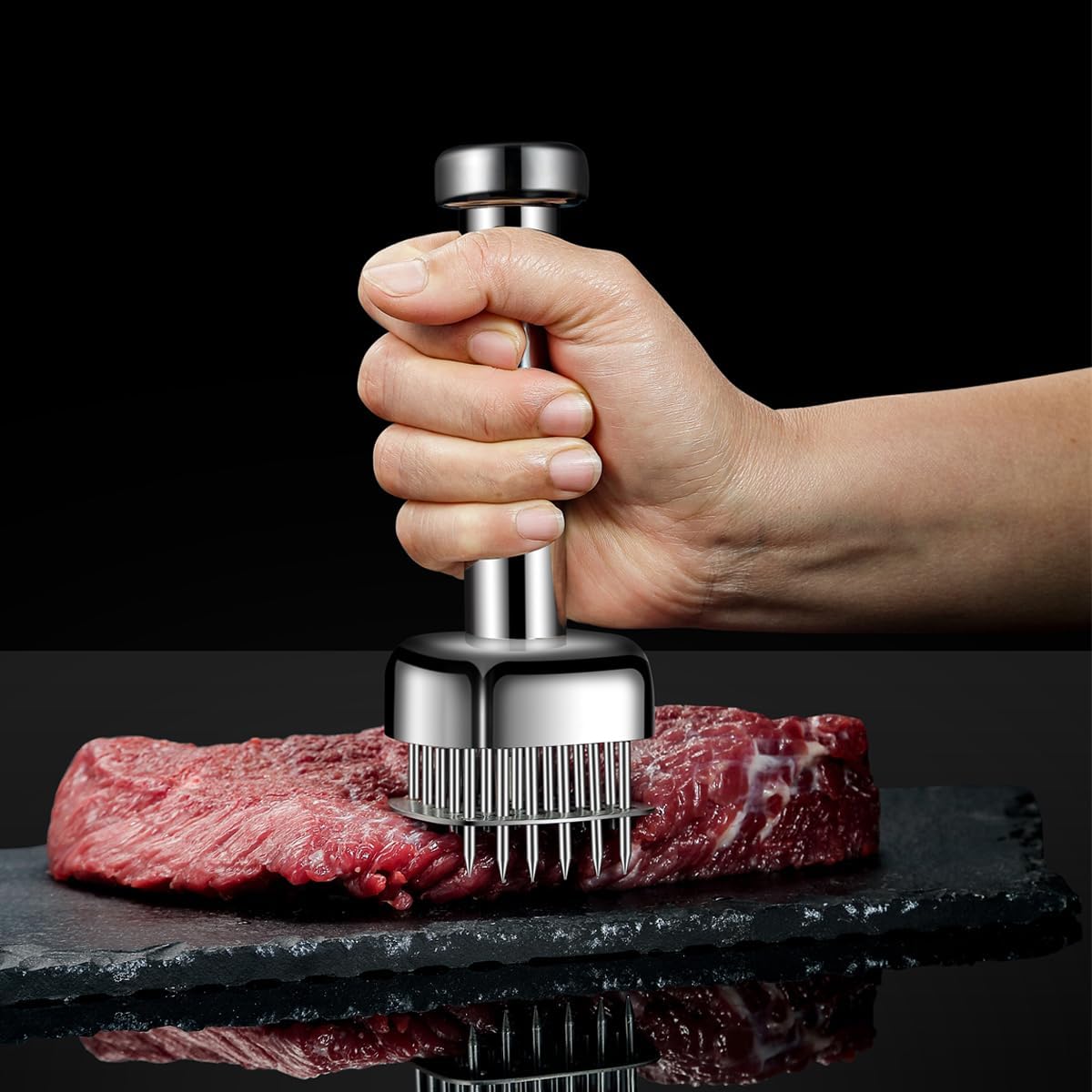 Meat Tenderizer with 28 Sharp Needles, Heavy-Duty Meat Tenderizer Tool with Auto-Rebound Safety Guard, Dishwasher Safe, Includes Cleaning Brush, Silver