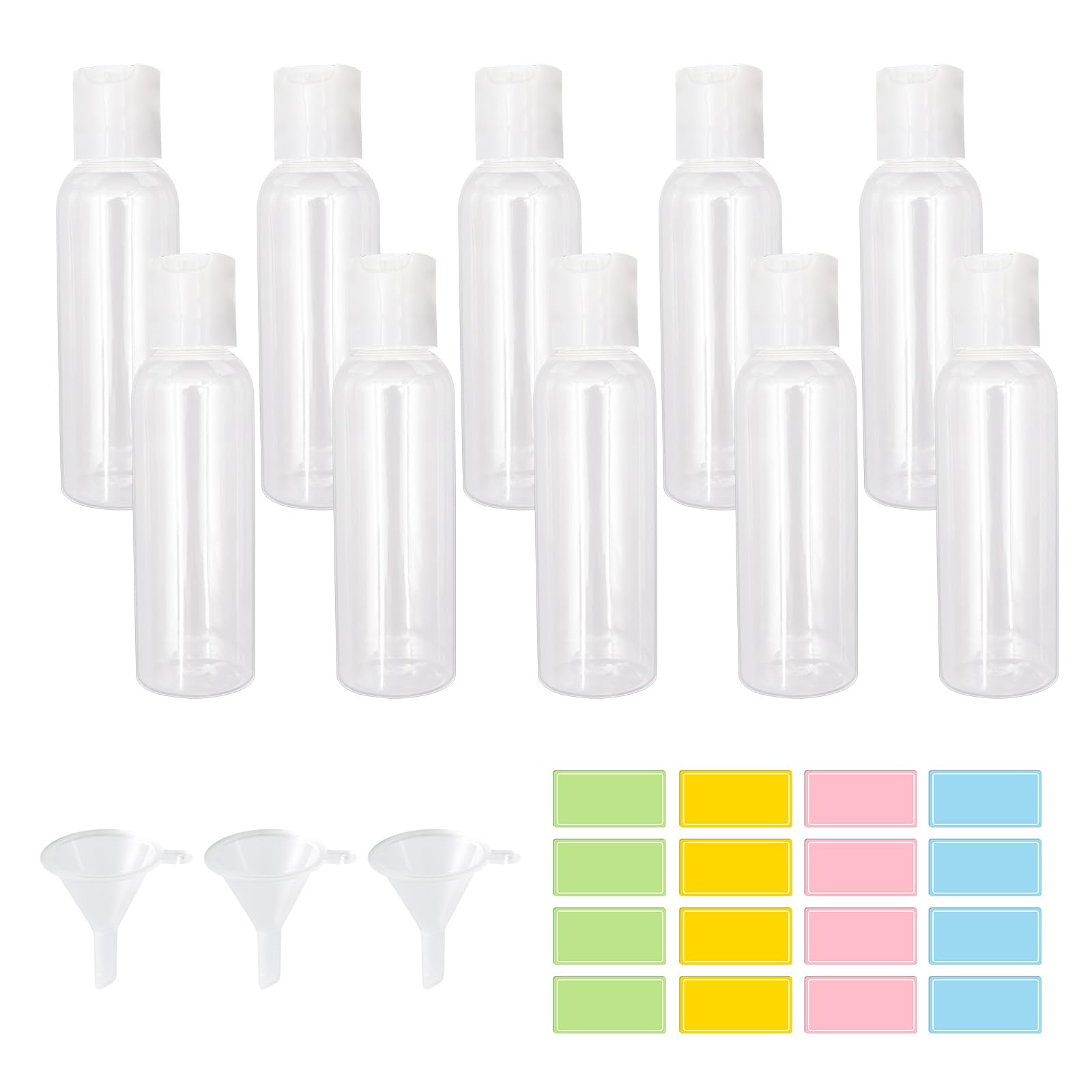 VEGCOO 10 Pcs 100ml Travel Bottles, Travel Bottle for Toiletries, Empty Refillable Plastic Travel Bottles, Clear Travel Bottles with 3 Funnels and Labels for Shampoo Lotions Cosmetics