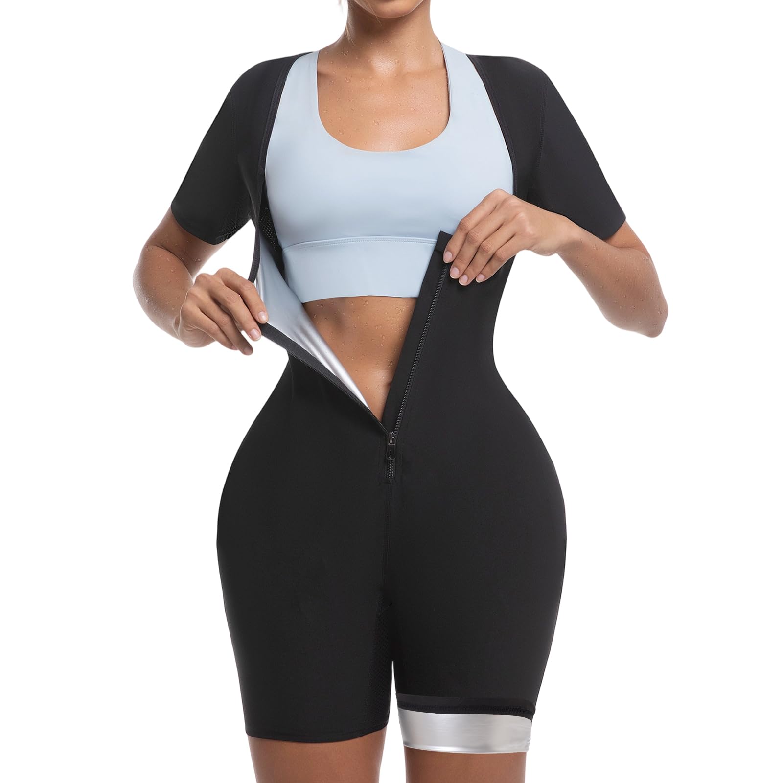 Meiosuns Full-Body Sauna Suit, 4 in 1 Sweat Suit Women Weight Loss Slimming Body Shaper, Lightweight Short Sleeve Sauna Suits, Sweat Vest High Waist Trimmer for Jogging, Exercise(Silvery-M)