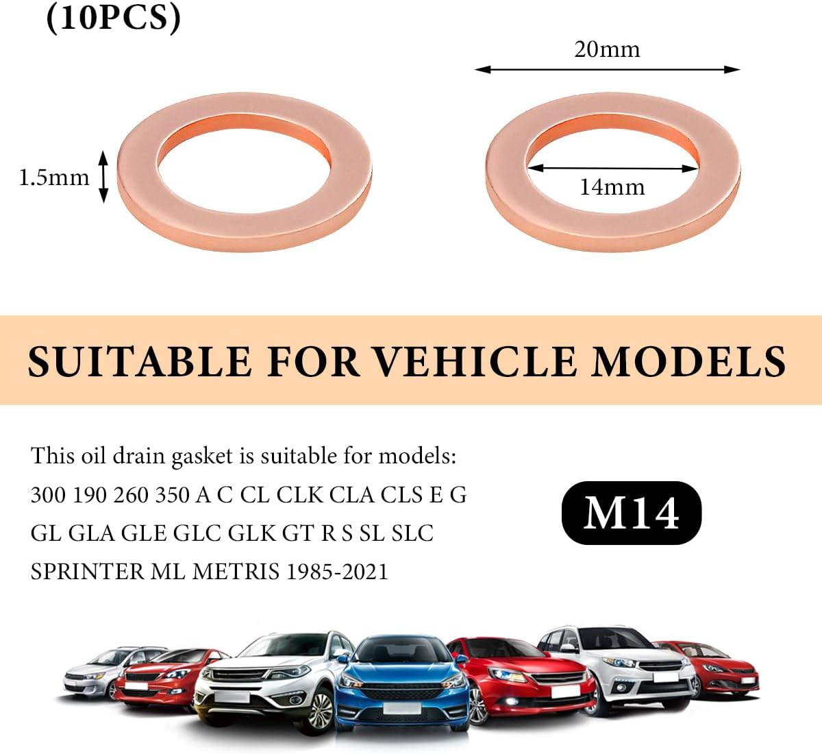 10 PCS Oil Drain Plug Gasket, 14mm Copper Engine Oil Crush Washers OEM PN Part 007603-014106, Automotive Sealing Drain Plug Gaskets Seals Kit Replacement, Car Accessories