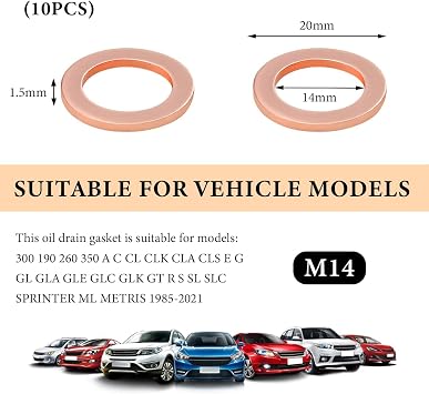10 PCS Oil Drain Plug Gasket, 14mm Copper Engine Oil Crush Washers OEM PN Part 007603-014106, Automotive Sealing Drain Plug Gaskets Seals Kit Replacement, Car Accessories