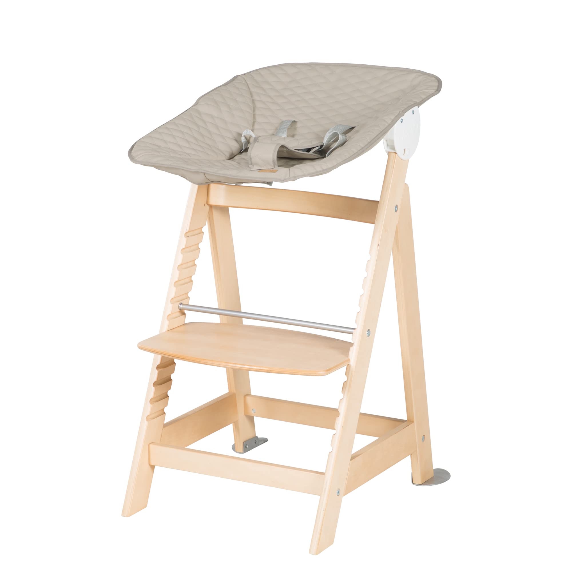 roba Chaise Haute Évolutive en Bois Naturel Born Up 2 en 1 + Transat Inclinable Greyish Matelassé - Cuir Imperméable - Hauteur Réglable - dès Naissance jusqu'à 70 kg