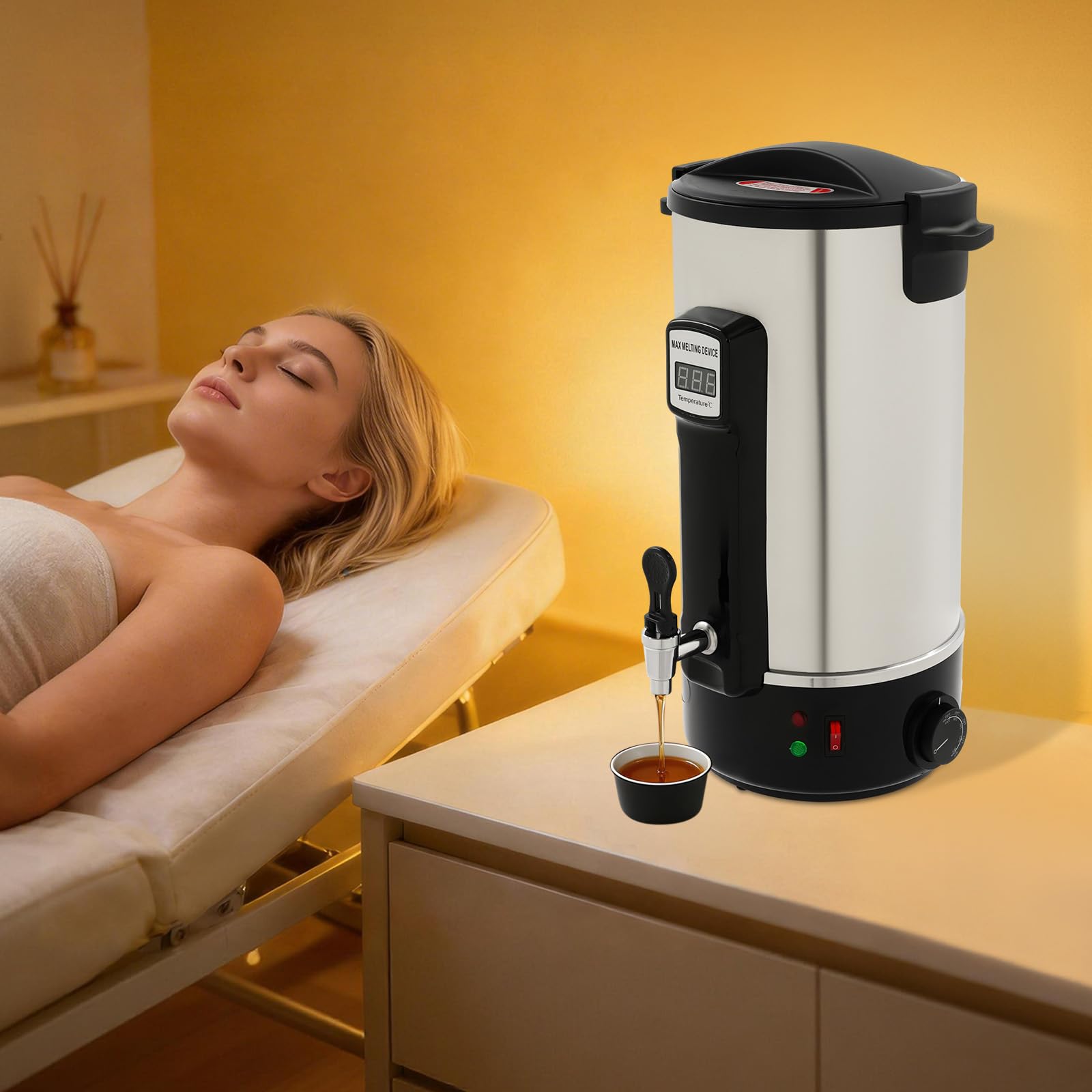 Zalydala Garnek do topienia wosku, stal nierdzewna 10 l, 1100 W, regulacja temperatury 30-110°C, z kurkiem spustowym i diodą LED, do produkcji świec sojowych, parafinowych, pszczelich