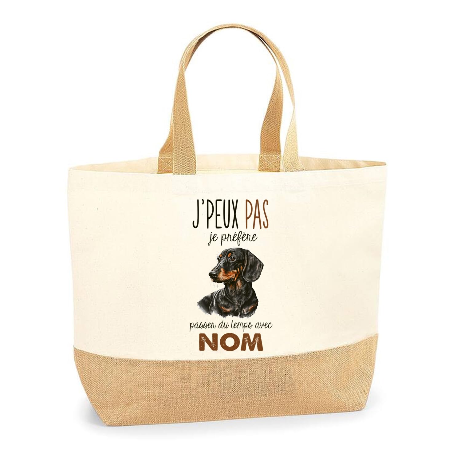 Sac Cabas de Plage Personnalisable Chien Passer du temps avec Prénom Nom | Toile de Jute Coton Courses Idée Cadeau Personnalisé