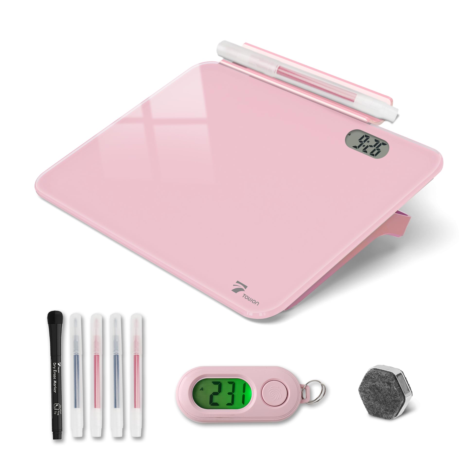 Small Glass Desk Whiteboard Dry-Erase Board with Clock, Small Travel Reminder Clock Keychain with Desk Notepad, Time Table Whiteboard for Desk Digital LED Light Display, 8x6 in with Accessories, Pink