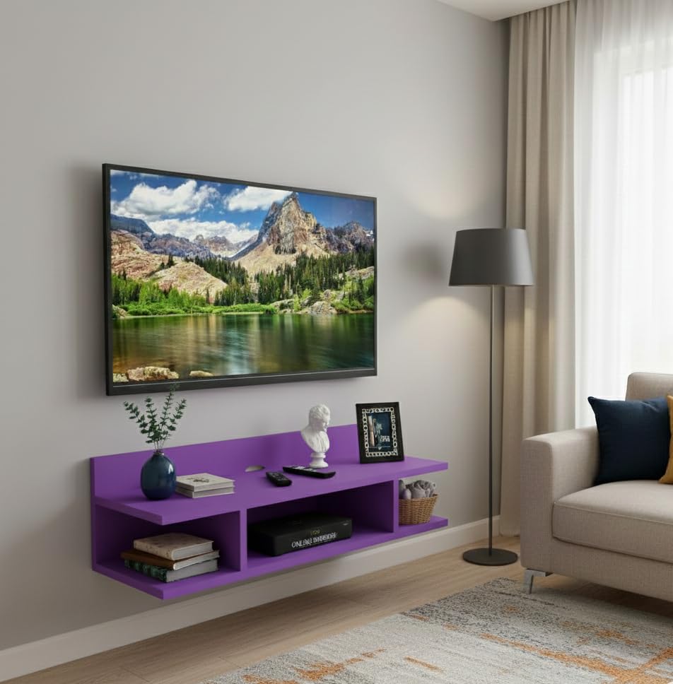 Image of Engineered Wood Set Top Box Stand | Wall Mounted TV Unit Shelf for Router, WiFi, DVD, Gaming Console | Sturdy & Space Saving TV Accessory Organizer (Brown, 50 x 20 x 15 cm) (Purple)