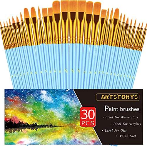 Paint Brushes Set, 30 Pcs Paint Brushes For Acrylic Painting, Oil Watercolor Acrylic Paint Brush, Angled Art Paintbrushes For Body Face Rock Canvas, Kids Adult Drawing Arts Crafts Supplies, Skyblue #TOP1