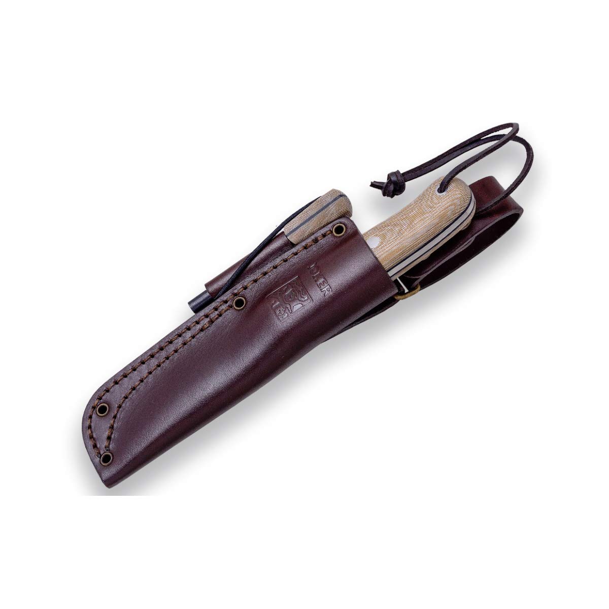 Cuchillo de monte y caza "Trampero" Joker CM113-P, Mango Micarta Canvas Marrón, hoja de 10,5 cm acero Sandvik 14c28n , con funda piel, pedernal, Herramienta de pesca, caza, camping y senderismo