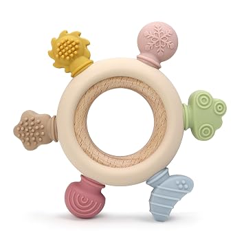 Baby Teether Ring for 012 Months, Detachable Wooden Silicone Teether with Easy-Grip Round Design, Sensory Teething Toy with Soft Textured Tips for Early Development