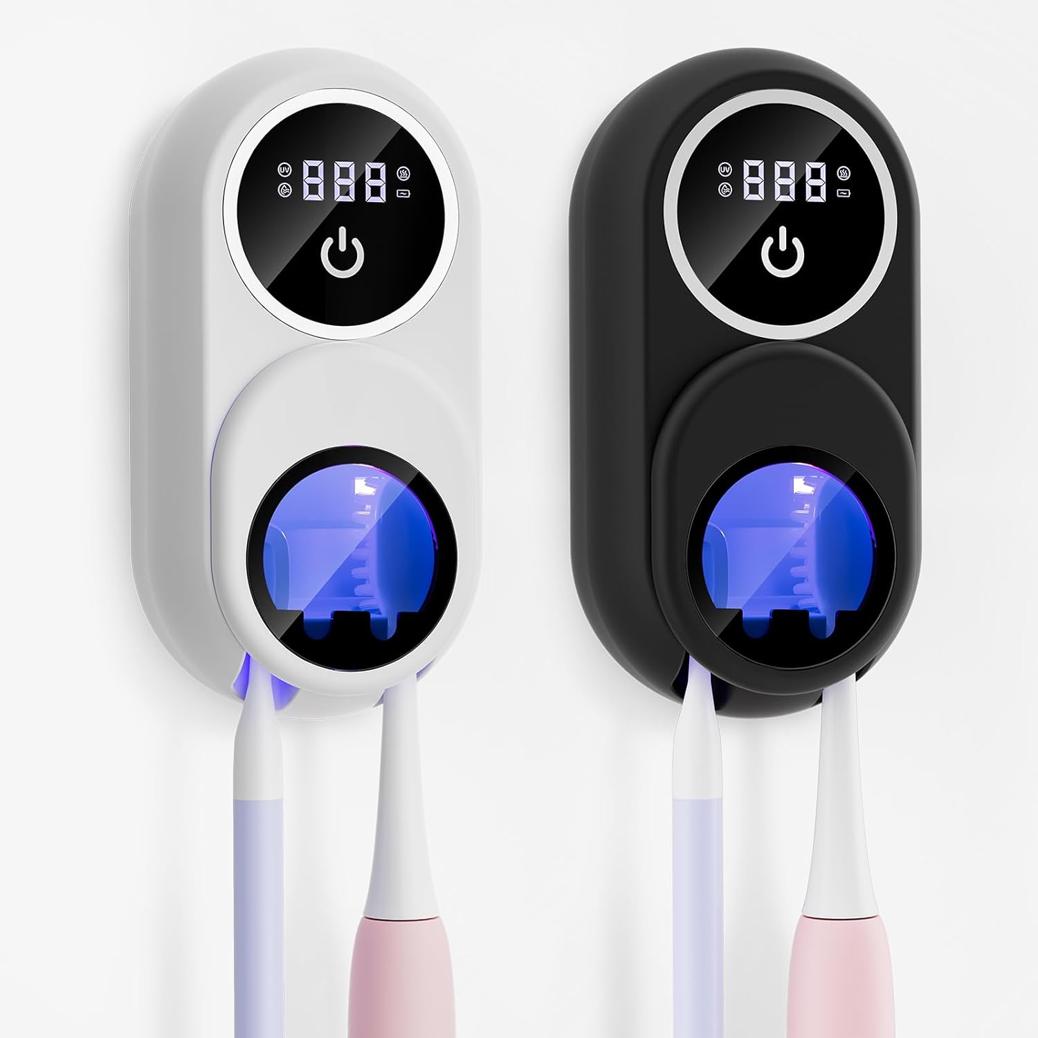 Toothbrush Holder & Toothbrush Cleaner, Fan & Heat Drying, LED Smart Screen, Wall Mounted Tooth Brush Holder for Bathrooms (White+Black)