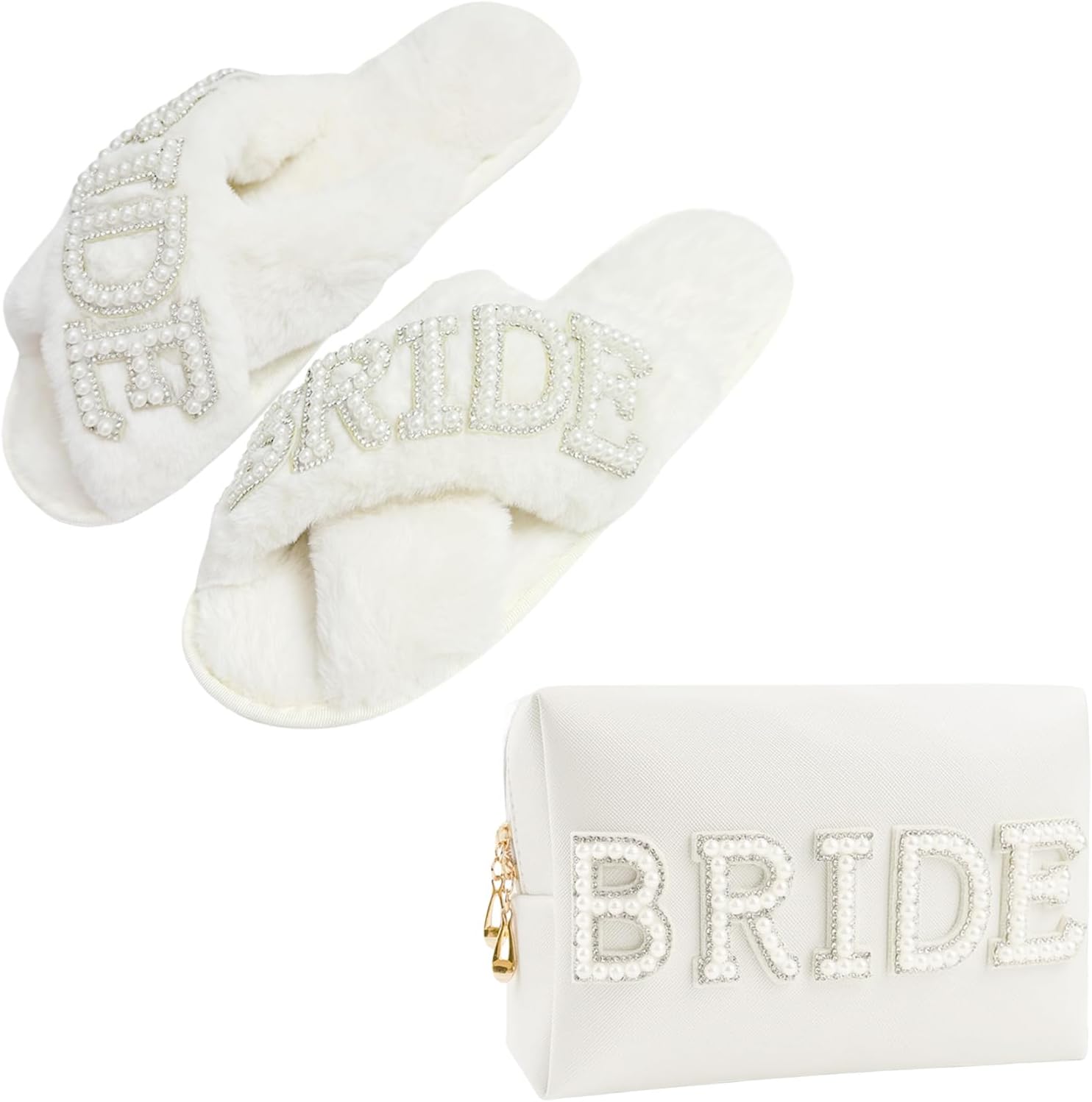 Kovewon Bridal Shower Gifts, Bride to Be Letter Makeup Bag with Pearl Rhinestone Fuzzy Bride Slippers, Hair Clip Wedding Engagement Gifts for Her, Bachelorette gifts