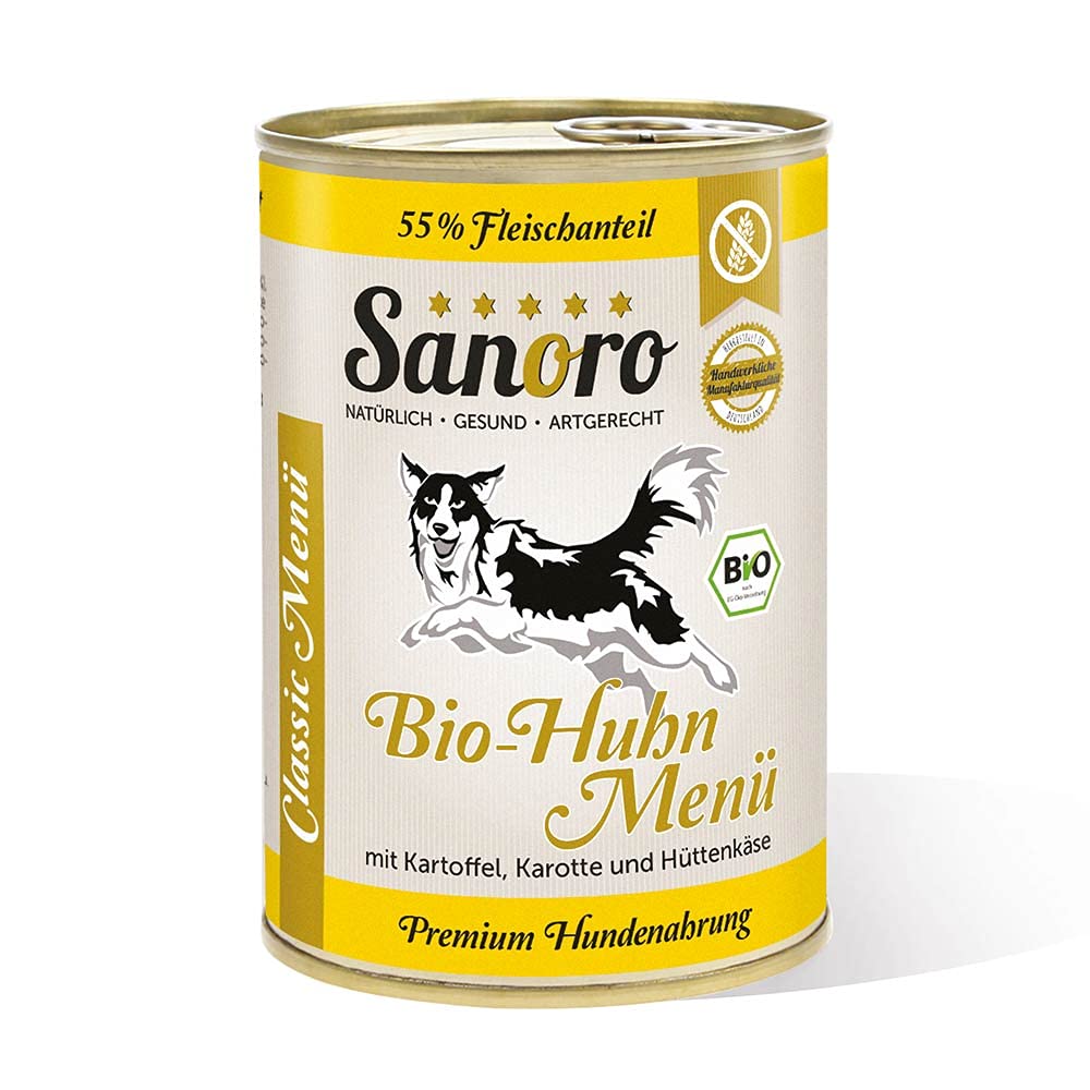 Sanoro Menü Classic Huhn mit 55% Fleischanteil - Premium Hundefutter in Teil-Bio-Qualität - Huhn mit Bio-Kartoffel, Bio-Karotte, Bio-Apfel und Bio-Hüttenkäse - singleprotein (12 x 400g).