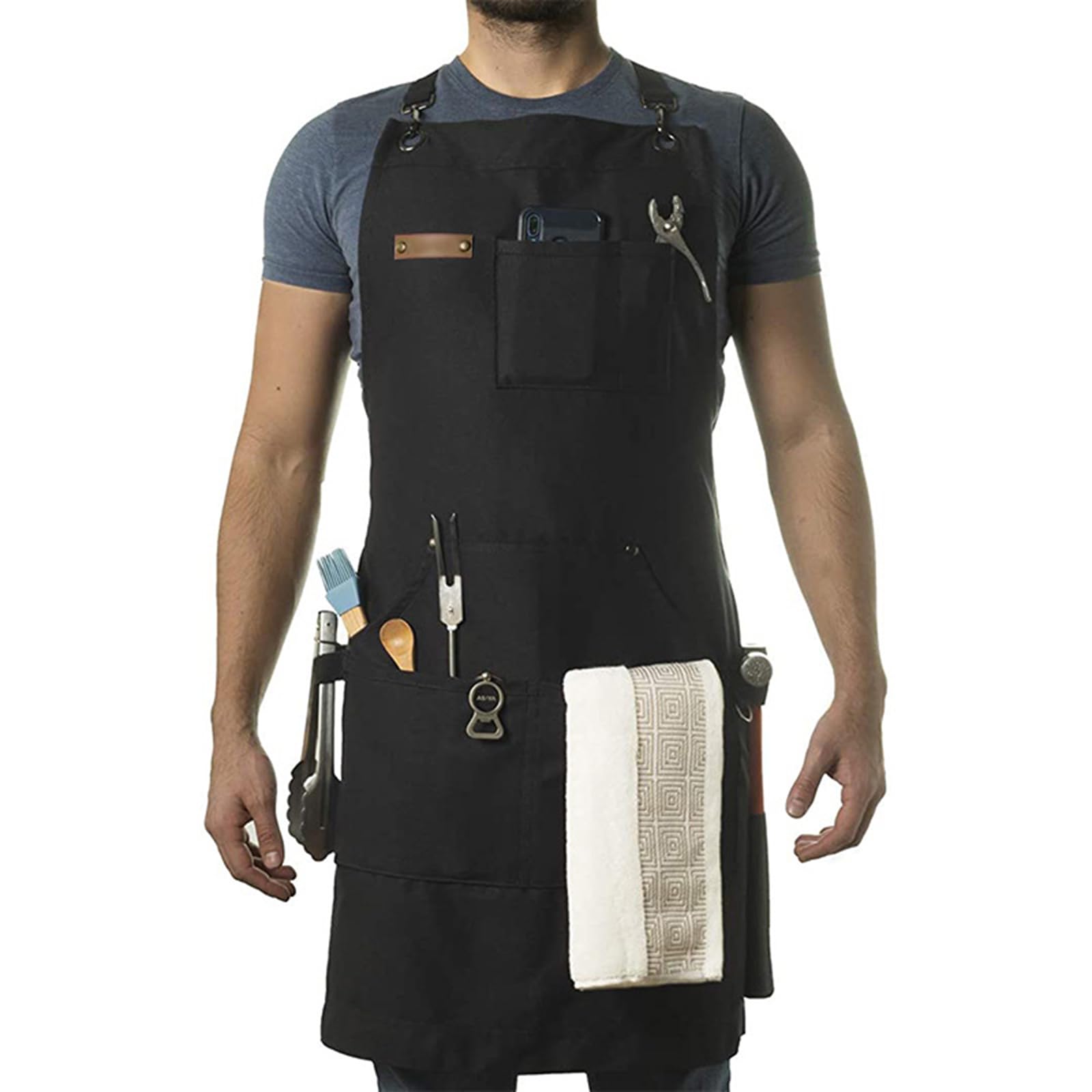 Bottone Men's Black Stenffy Canvas Work Apron Functional And Stylish With Multiple Pockets, Adjustable Cross Back Straps For Bbq, Cooking Cotton Canvas Apron