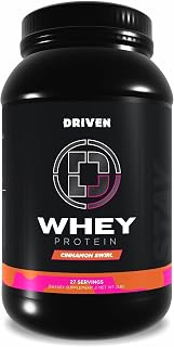 Driven WHEY- Grass Fed Whey Protein Powder: Delicious, Clean Protein Shake- Improve Muscle Recovery with 23 Grams of Protein with Added BCAA and Digestive Enzymes (2 lb, Cinnamon Roll)