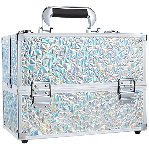 FRENESSA Makeup Case Cosmetic Train Case Organizer 11.8 Inch Large Makeup Box Travel Storage Make Up Train Carrying Case with 6 Trays Locking Hard Vanity Storage Glitter Silver