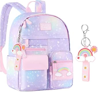 Copbopwn School Bags for Girls Backpack for Girls Cute Rainbow Kids Backpack with Pendant Kawaii Backpack for School Kids Teens Elementary