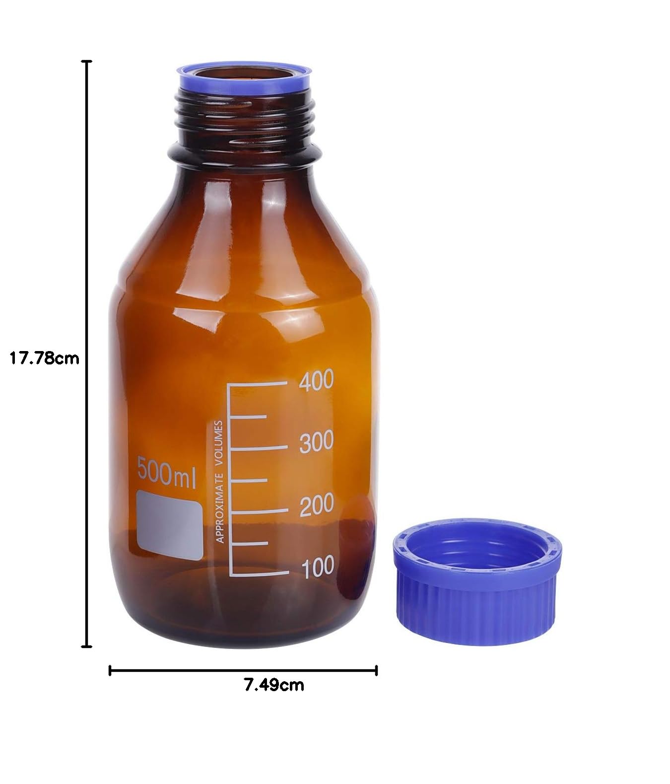 Paquete de 8 botellas de vidrio de borosilicato ámbar de 500 ml graduadas redondas de reactivo de laboratorio/almacenamiento con tapa de rosca azul GL45