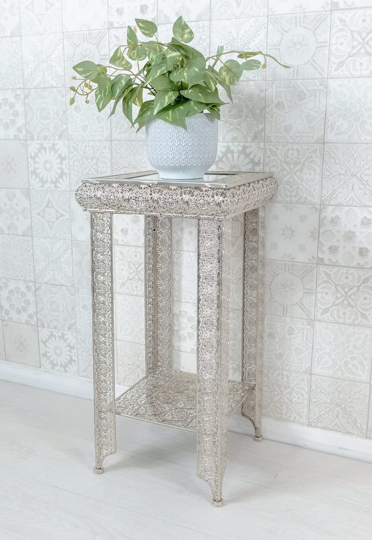 DOWNTON INTERIORS Antique Silver Moroccan Embossed Metal Mirrored Glass Side End Plant Table with Shelf (GZ421) Part of the AGADIR Collection